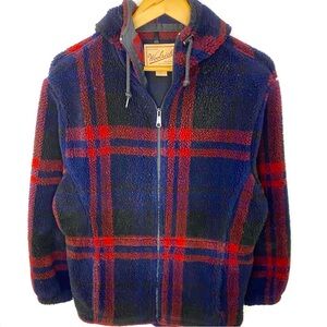 Vintage Woolrich Women’s Plaid Full Zip Sherpa Teddy Hooded Jacket Made In USA M